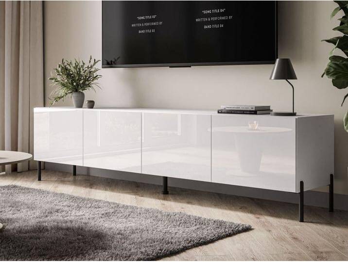 TV-Lowboard mit Türen auf Schwarzen Metallbeinen 200 cm Nodoo Weiß Hochglanz von Graingold