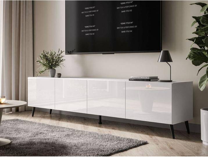 TV-Lowboard mit Türen auf Schwarzen Metallbeinen 200 cm Nodoo Weiß Hochglanz von Graingold