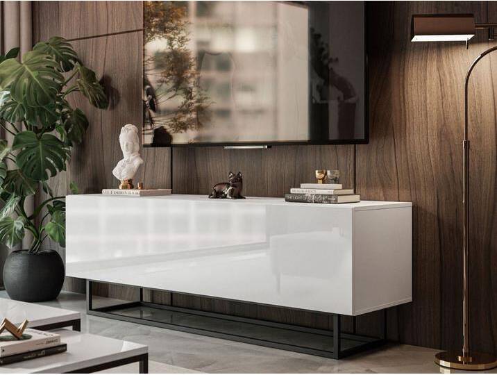 TV-Lowboard mit Türen auf Schwarzen Metallgestell150 cm Nodoo Weiß Hochglanz von Graingold