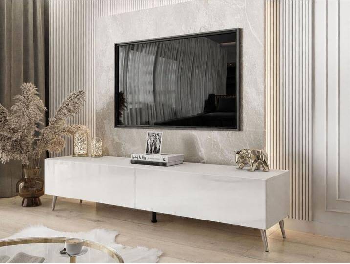 TV-Lowboard mit Türen auf Silbernen Metallbeinen 175 cm mit LED-Beleuchtung Sorelle Weiß Hochglanz TV-Lowboard mit Türen auf Silbernen Metallbeinen 175 cm mit LED-Beleuchtung Sorelle Weiß Hochglanz von Graingold