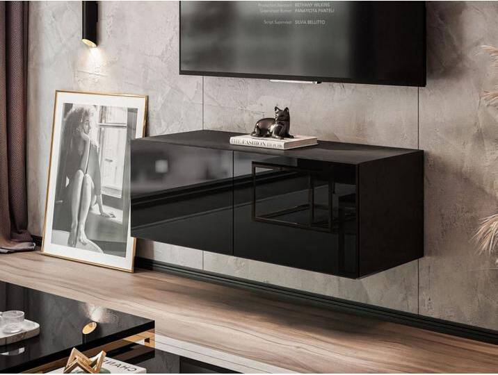TV-Lowboard mit Türen und LED-Beleuchtung 100 cm Nodoo Schwarz Hochglanz von Graingold