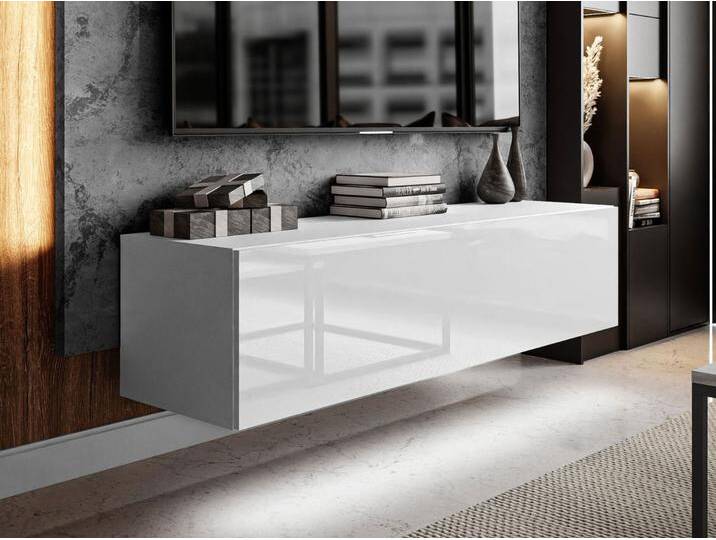 TV-Lowboard mit Türen und LED-Beleuchtung 150 cm Nodoo Weiß Hochglanz von Graingold
