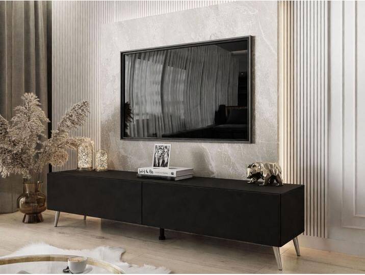 TV-Lowboard mit zwei Türen auf silbernen Beinen 175 cm mit LED-Beleuchtung Sorelle Schwarz Matt TV-Lowboard mit zwei Türen auf silbernen Beinen 175 cm mit LED-Beleuchtung Sorelle Schwarz Matt von Graingold