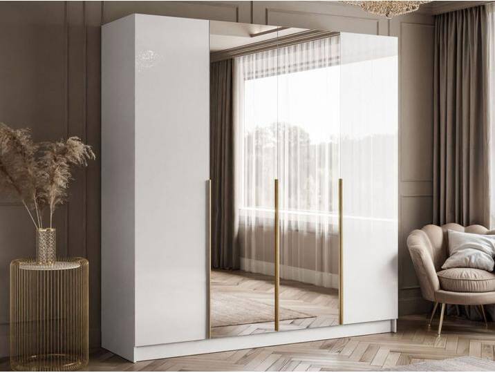 Viertüriger Kleiderschrank mit Drehtüren, goldfarbenen Griffen, Schubladen und Spiegeln Ameli Weiß Hochglanz Viertüriger Kleiderschrank mit Drehtüren, goldfarbenen Griffen, Schubladen und Spiegeln Ameli Weiß Hochglanz von Graingold
