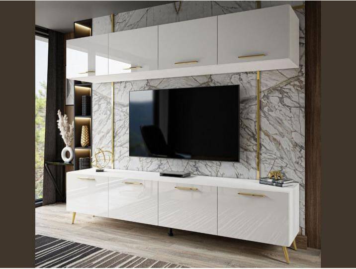 Wohnwand für das Wohnzimmer auf Goldenen Metallbeinen Noaé Weiß Hochglanz von Graingold