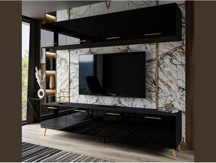 Wohnwand für das Wohnzimmer mit LED-Beleuchtung auf Goldenen Metallbeinen Noaé Schwarz Hochglanz von Graingold