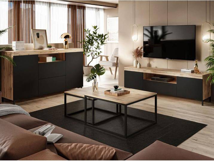Wohnzimmer-Set – TV-Schrank und Kommode auf schwarzen Füßen Asumi Schwarz und Eiche Wotan Wohnzimmer-Set – TV-Schrank und Kommode auf schwarzen Füßen Asumi Schwarz und Eiche Wotan von Graingold