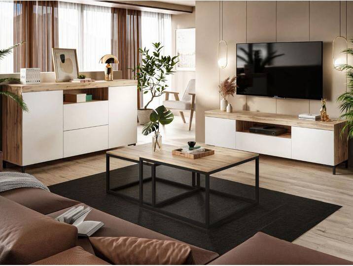 Wohnzimmer-Set – TV-Schrank und Kommode auf schwarzen Füßen Asumi Weiß und Eiche Wotan Wohnzimmer-Set – TV-Schrank und Kommode auf schwarzen Füßen Asumi Weiß und Eiche Wotan von Graingold