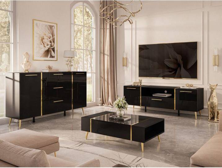Wohnzimmer-Set im Glamour-Stil auf Beinen Lunelie Schwarz Hochglanz Wohnzimmer-Set im Glamour-Stil auf Beinen Lunelie Schwarz Hochglanz von Graingold