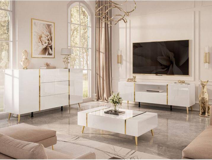 Wohnzimmer-Set mit goldenen Metallbeinen im Glamour-Stil Lunelie Weiß Hochglanz Wohnzimmer-Set mit goldenen Metallbeinen im Glamour-Stil Lunelie Weiß Hochglanz von Graingold