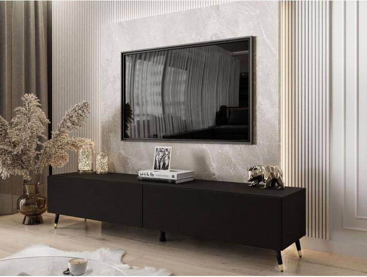 Zweittüriges TV-Lowboard auf schwarz-goldenen Beinen 175 cm mit LED-Beleuchtung Sorelle Schwarz matt Zweittüriges TV-Lowboard auf schwarz-goldenen Beinen 175 cm mit LED-Beleuchtung Sorelle Schwarz matt von Graingold