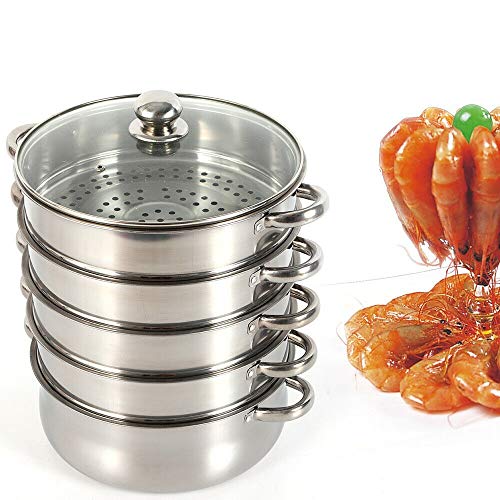 5 Etagen Edelstahl Induktion Dampftopf, 26cm Universal Dampfkocher mit Glasdeckel, für alle Herdarten, Gasherd für Gemüse, Fisch, Suppe, Knödel von GramStudio