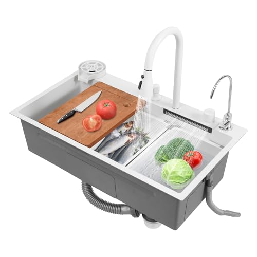 Spülbecken Küche Waschbecken, Küchenspüle Mit Wasserfallhahn spüle, Einbauspüle Set mit Verschiebbar Kleine Spüle, Abtropfkorb von GramStudio