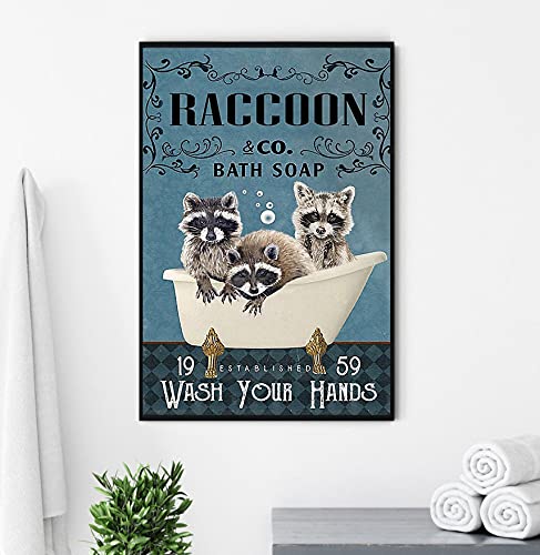 Graman Raccoon & Co. Bath Soap Established Wash Your Hands Poster, lustiges Waschbär-Poster, Waschbär, Badezimmer-Poster, Retro-Kunst, Wanddekoration, Metallschild, Poster, 30,5 x 45,7 cm von Graman