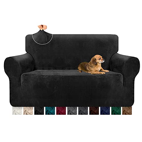 Granbest 1 Stück Dicke Couchbezug Ultra weiche Samt Sofabezug anspruchs hohe Stretch Anti-Rutsch-Sofabezug Zweisitziger Couchbezug Möbelschutz für Katze, Hund, Haustier (2 Sitzer,Schwarz) von Granbest