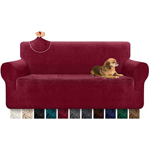 Granbest 1 Stück verdickt Couchbezug robuste Samt Plüsch Sofa Abdeckung für übergroße Couch hohe Stretch Couchbezug für Hunde, Haustiere Anti-Rutsch-Möbel-Schutz für Wohnzimmer (4 Sitzer,Weinrot) von Granbest