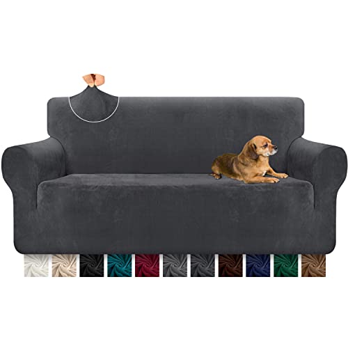 Granbest 1 Stück verdickt Couchbezug robuste Samt Plüsch Sofa Abdeckung für übergroße Couch hohe Stretch Couchbezug für Hunde, Haustiere Anti-Rutsch-Möbel-Schutz für Wohnzimmer (4 Sitzer,Grau) von Granbest