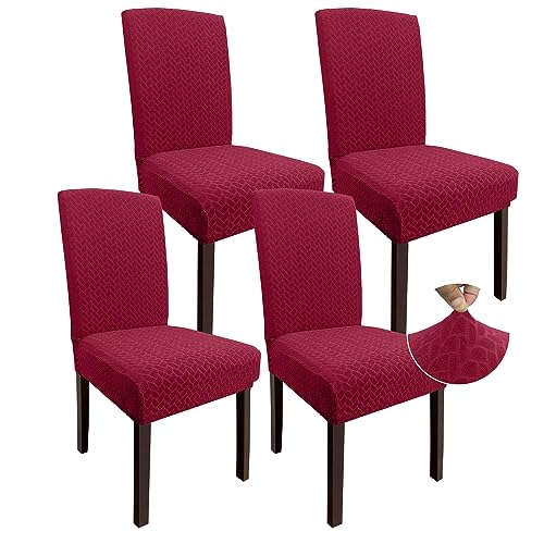 Granbest 2023 Neues Muster Super Dehnbar Dining Stuhlhussen, Verdickte Jacquard Stuhl Slipcover für Esszimmer, Waschbare Armlose Stuhl Protektoren für Kinder und Haustiere (Set von 4, Weinrot) von Granbest