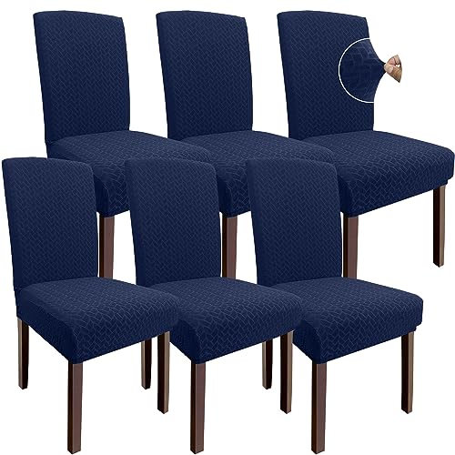 Granbest 2023 Neues Muster Super Dehnbar Dining Stuhlhussen, Verdickte Jacquard Stuhl Slipcover für Esszimmer, Waschbare Armlose Stuhl Protektoren für Kinder und Haustiere (Set von 6, Marineblau) von Granbest