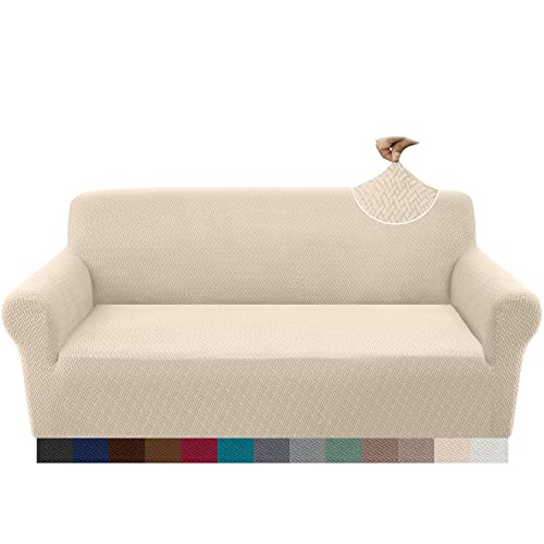 Granbest 2023 Neueste Jacquard Sofabezug 3 Sitzer Superweicher Rutschfester Stretch Couchbezug Vier Jahreszeiten Universal Elastische Sofahusse für Hunde, Katzen, Haustiere (3 Sitzer, Beige) von Granbest