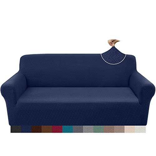 Granbest 2023 Neueste Jacquard Sofabezug 3 Sitzer Superweicher Rutschfester Stretch Couchbezug Vier Jahreszeiten Universal Elastische Sofahusse für Hunde, Katzen, Haustiere (3 Sitzer, Marineblau) von Granbest