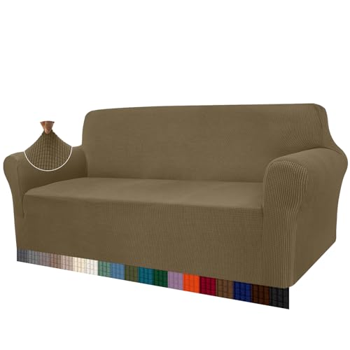 Granbest High Stretch Sofabezug Moderne Sofaüberwurf Jacquard Elastische Sofahusse für Wohnzimmer Protector für Hunde Haustiere (3 Sitzer, Khakigrün) von Granbest