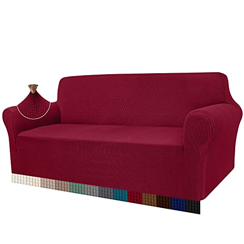 Granbest High Stretch Sofabezug Moderne Sofaüberwurf Jacquard Elastische Sofahusse für Wohnzimmer Protector für Hunde Haustiere (3 Sitzer, Weinrot) von Granbest
