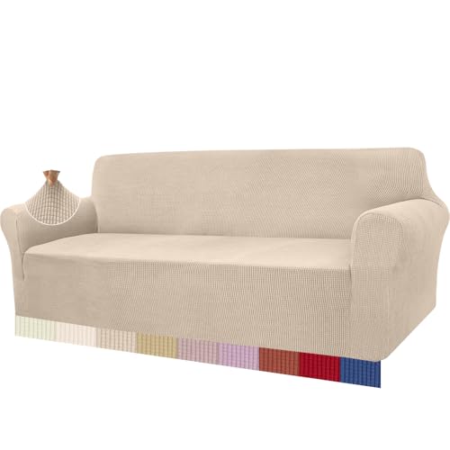 Granbest High Stretch Sofabezug Moderne Sofaüberwurf Jacquard Elastische Sofahusse für Wohnzimmer Protector für Hunde Haustiere (4 Sitzer, Beige) von Granbest
