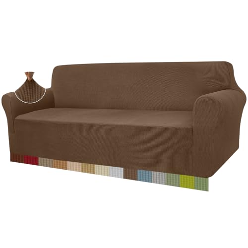 Granbest High Stretch Sofabezug Moderne Sofaüberwurf Jacquard Elastische Sofahusse für Wohnzimmer Protector für Hunde Haustiere (4 Sitzer, Braun) von Granbest