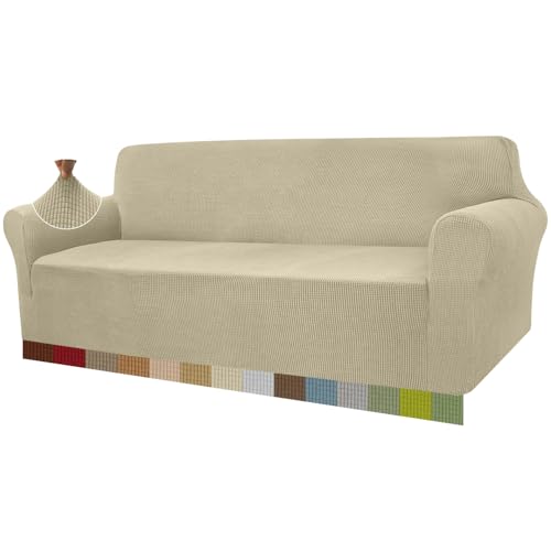 Granbest High Stretch Sofabezug Moderne Sofaüberwurf Jacquard Elastische Sofahusse für Wohnzimmer Protector für Hunde Haustiere (4 Sitzer, Khakifarbe) von Granbest