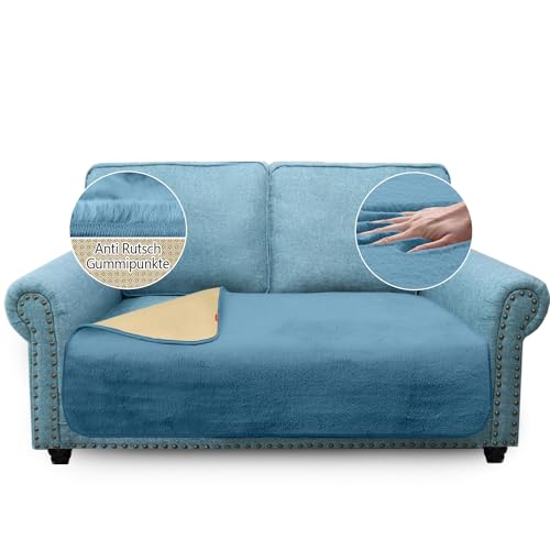 Granbest Luxus Dicken Sofa Kissenbezüge ähnlich Kaninchenfell Stilvolle Plüsch 750GSM Sitzbezüge für 2-Sitzer Sofa Anti-Rutsch Medium Couch Kissenbezug für Haustiere, Hunde (2 Sitzer, Azurblau) von Granbest