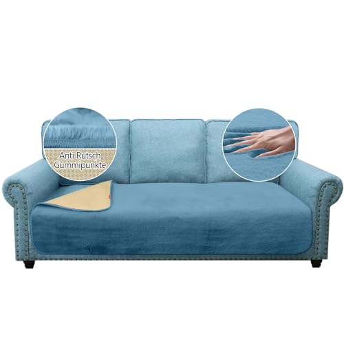 Granbest Luxus Dicken Sofa Sitzkissen Bezüge ähnlich Kaninchenfell Stilvolle Plüsch 750GSM Sitzbezüge für 3-Sitzer Sofa Anti-Rutsch Große Couch Kissenbezug für Haustiere, Hunde (3-Sitzer, Azurblau) von Granbest