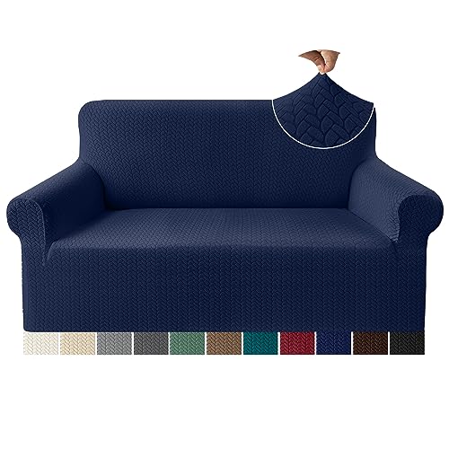 Granbest Prämie Mode Jacquard Sofabezüge 2-Sitzer, Anti-Falten Super Dehnen Loveseat Couchbezüge für 2-Kissen und rutschfeste Sofaschutz für Kinder und Haustiere (2-Sitzer,Dunkelblau) von Granbest