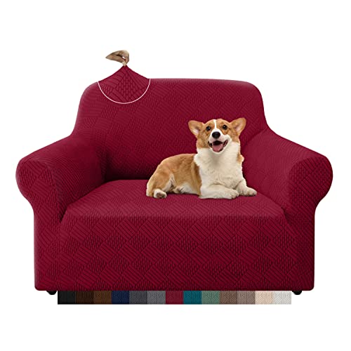 Granbest Stilvolle Rhombus Dicker Sesselbezug Hoher Stretch Stuhlüberzug 1-Sitzer Couchbezug für Kinder Haustiere Wohnzimmer (1 Sitzer, Weinrot) von Granbest