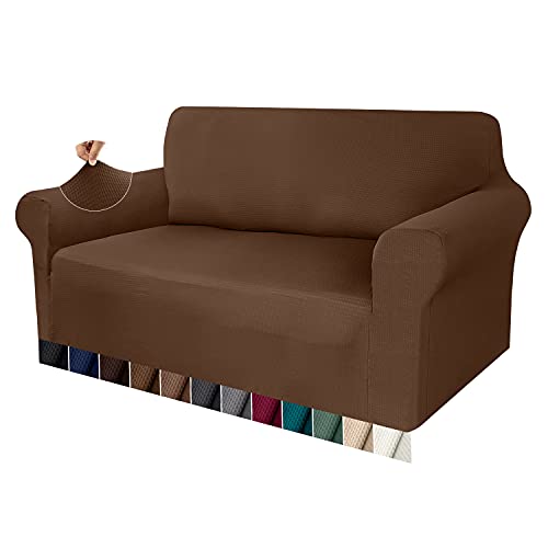 Granbest Stretch Sofabezug 2 Siter Dicker Sofabezug 1 Stück Premium Couchbezug Möbelbezüge Jacquard Waffelmuster Rutschfester (2 Sitzer, Kaffee) von Granbest