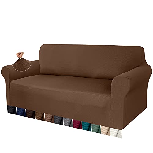 Granbest Stretch Sofabezug 3 Siter Dicker Sofabezug 1 Stück Premium Couchbezug Möbelbezüge Jacquard Waffelmuster Rutschfester (3 Sitzer, Kaffee) von Granbest