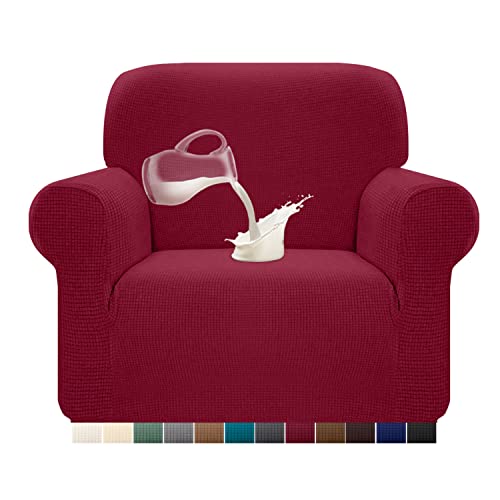 Granbest Stretch Wasserdicht Sofabezug 1 Stück Sofahusse Spandex Jacquard Elastische Couchbezug mit Anti-Rutsch-Schaumstoffe (1 Sitzer, Weinrot) von Granbest