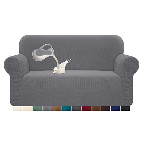 Granbest Stretch Wasserdicht Sofabezug 1 Stück Sofahusse Spandex Jacquard Elastische Couchbezug mit Anti-Rutsch-Schaumstoffe (2 Sitzer, Hellgrau) von Granbest