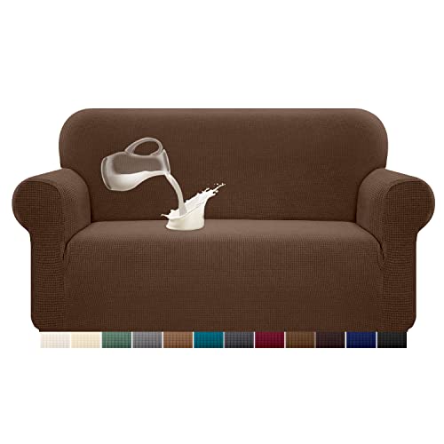 Granbest Stretch Wasserdicht Sofabezug 1 Stück Sofahusse Spandex Jacquard Elastische Couchbezug mit Anti-Rutsch-Schaumstoffe (2 Sitzer, Kaffee) von Granbest
