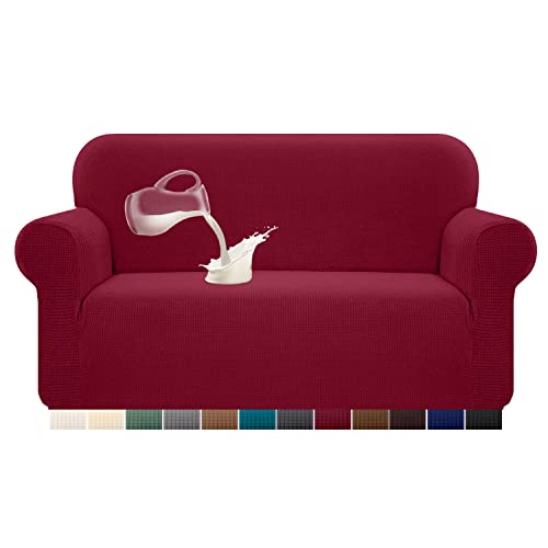 Granbest Stretch Wasserdicht Sofabezug 1 Stück Sofahusse Spandex Jacquard Elastische Couchbezug mit Anti-Rutsch-Schaumstoffe (2 Sitzer, Weinrot) von Granbest