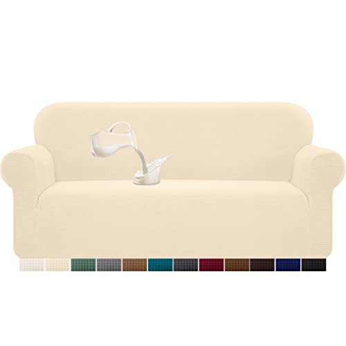 Granbest Stretch Wasserdicht Sofabezug 1 Stück Sofahusse Spandex Jacquard Elastische Couchbezug mit Anti-Rutsch-Schaumstoffe (3 Sitzer, Beige) von Granbest