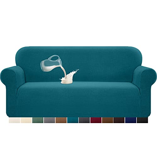 Granbest Stretch Wasserdicht Sofabezug 1 Stück Sofahusse Spandex Jacquard Elastische Couchbezug mit Anti-Rutsch-Schaumstoffe (3 Sitzer, Blaugrün) von Granbest