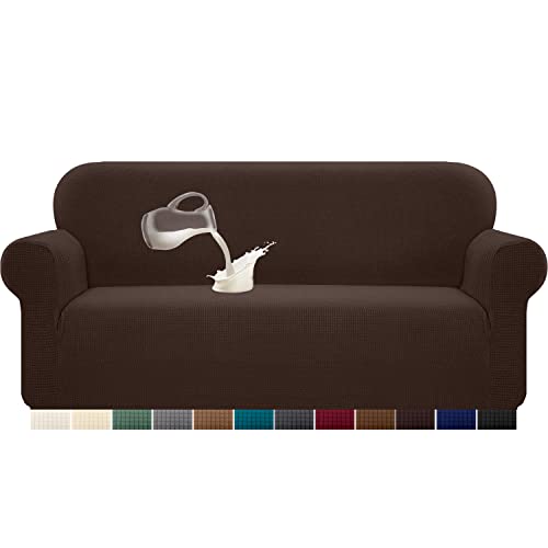 Granbest Stretch Wasserdicht Sofabezug 1 Stück Sofahusse Spandex Jacquard Elastische Couchbezug mit Anti-Rutsch-Schaumstoffe (3 Sitzer, Schokolade) von Granbest