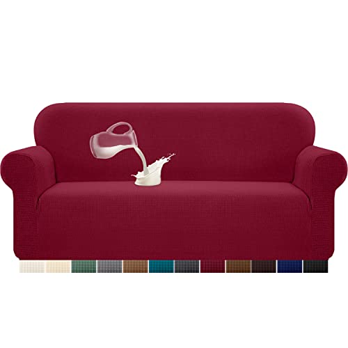 Granbest Stretch Wasserdicht Sofabezug 1 Stück Sofahusse Spandex Jacquard Elastische Couchbezug mit Anti-Rutsch-Schaumstoffe (3 Sitzer, Weinrot) von Granbest