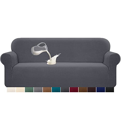 Granbest Stretch Wasserdicht Sofabezug 1 Stück Sofahusse Spandex Jacquard Elastische Couchbezug mit Anti-Rutsch-Schaumstoffe (4 Sitzer, Grau) von Granbest