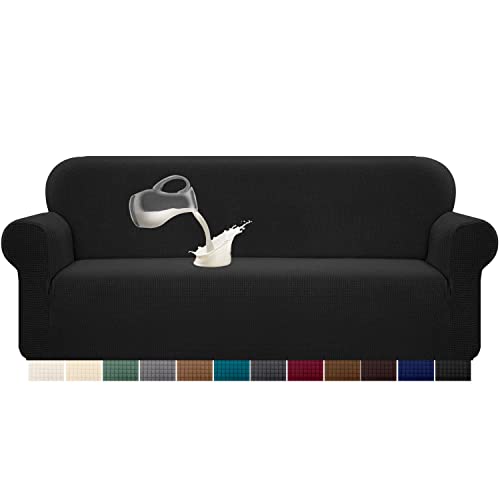 Granbest Stretch Wasserdicht Sofabezug 1 Stück Sofahusse Spandex Jacquard Elastische Couchbezug mit Anti-Rutsch-Schaumstoffe (4 Sitzer, Schwarz) von Granbest