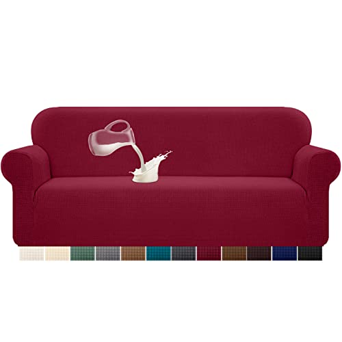 Granbest Stretch Wasserdicht Sofabezug 1 Stück Sofahusse Spandex Jacquard Elastische Couchbezug mit Anti-Rutsch-Schaumstoffe (4 Sitzer, Weinrot) von Granbest