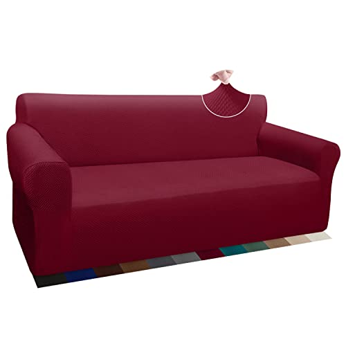 Granbest Thick Sofabezug Stylish Pattern Sofaüberzug für Sofa Stretch Elastische Jacquard Sofahusse Couchhusse mit Armlehne für Wohnzimmer Anti-Rutsch(3 Sitzer, Weinrot) von Granbest