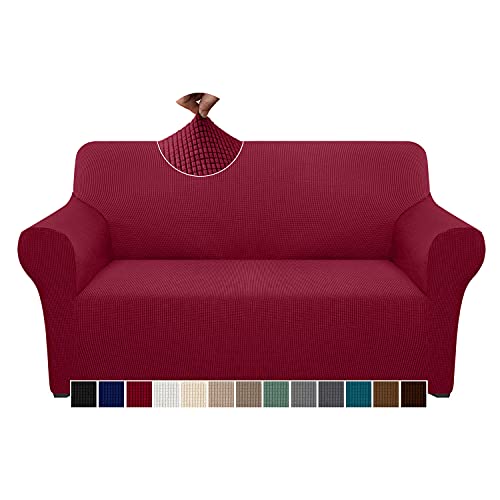 Granbest Überprüft Couchbezug für 2 Kissen Couch Hohe Dehnung Sofabezug 2-Sitzer Waschbare Sofaschutz für Hunde Haustiere Rutschfester Möbelschutz (2-Sitzer, Weinrot) von Granbest