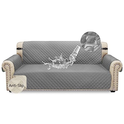 Granbest wasserdichte Sofabezug 3 Sitzer rutschfeste Couchbezug mit Elastischen Riemen, Waschbare Sofaschutz für Kinder, Haustiere, Hunde, Katzen (3-Sitzer, Hellgrau) von Granbest